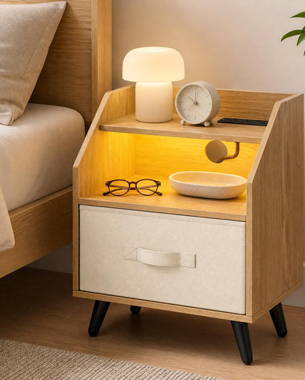 GIANTEX Modern LED Nightstand w/Charging Station & Fabric Drawer
