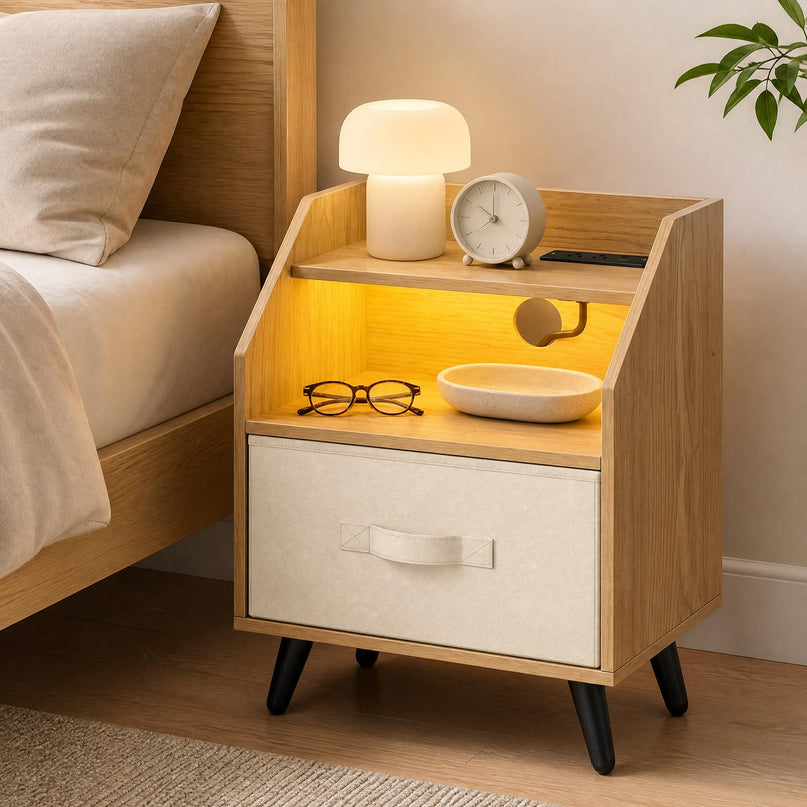 GIANTEX Modern LED Nightstand w/Charging Station & Fabric Drawer