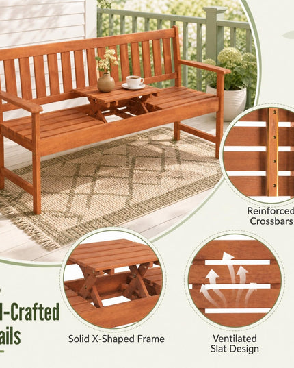 GIANTEX 59" 2-Person Outdoor Bench with Pull-Out Center Table