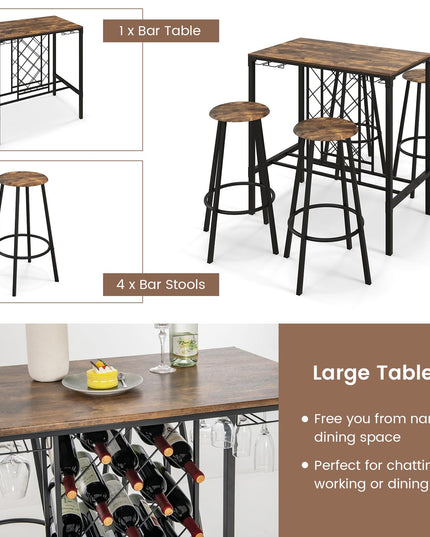 Giantex 5 Pieces Bar Table and Stools Set - Bar Height Table with Stools for 4, Kitchen Table Set with Wine Rack & Glass Holder