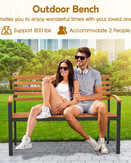 Giantex Outdoor 2-Person Bench with Slatted Backrest & Seat Armrests