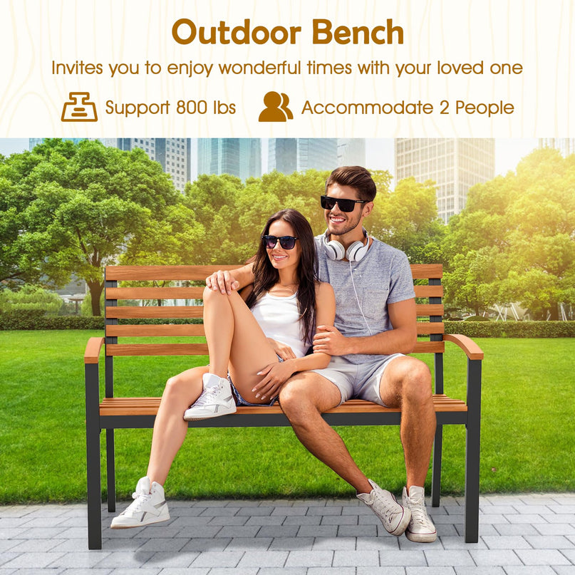 Giantex Outdoor 2-Person Bench with Slatted Backrest & Seat Armrests