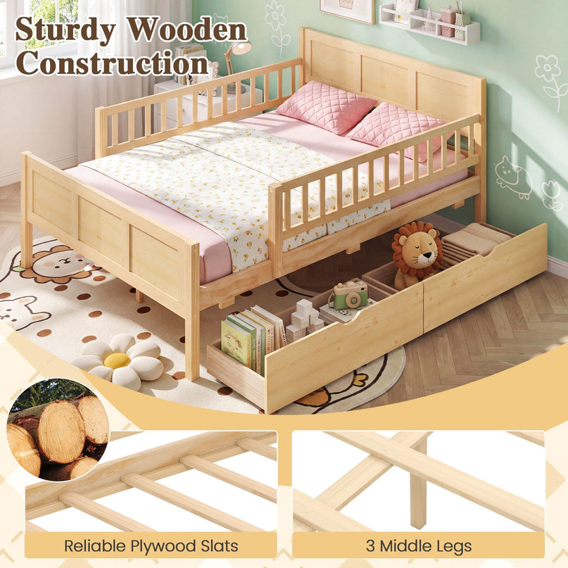 GIANTEX Full/Twin  Size Bed Frame with 2 Storage Drawer & Guardrails for Kids