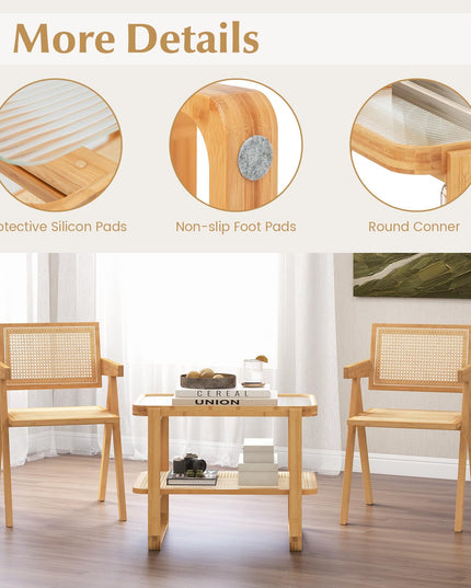 Giantex Rattan Side Table, Boho End Table with Glass Top and 2-Tier Storage Shelves