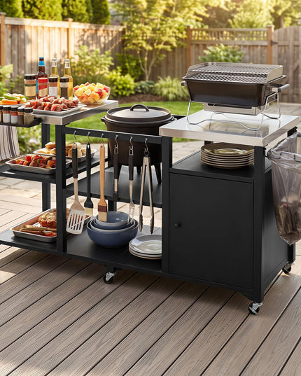 GIANTEX Large Outdoor Grill Cart with Cabinet & Dual Stainless Steel Tops