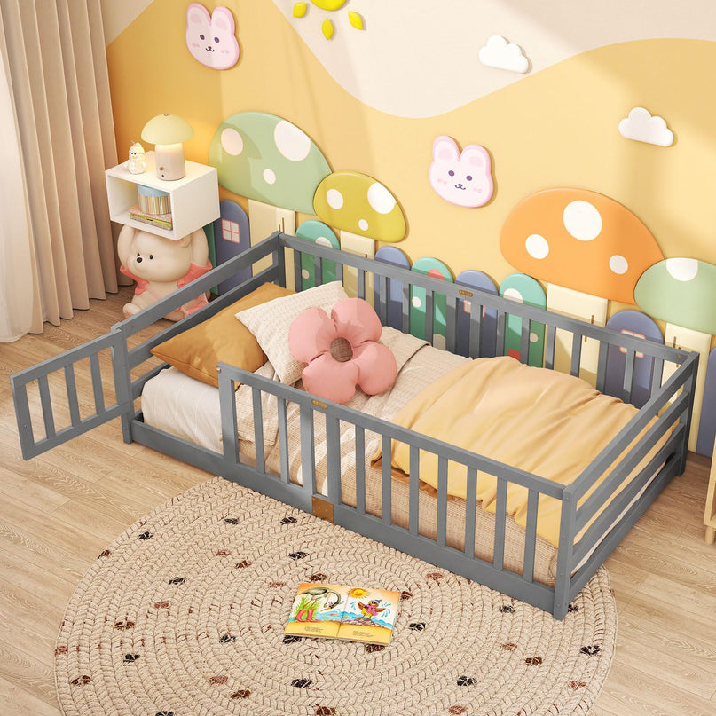 Giantex Twin Floor Bed with High Fence & Door