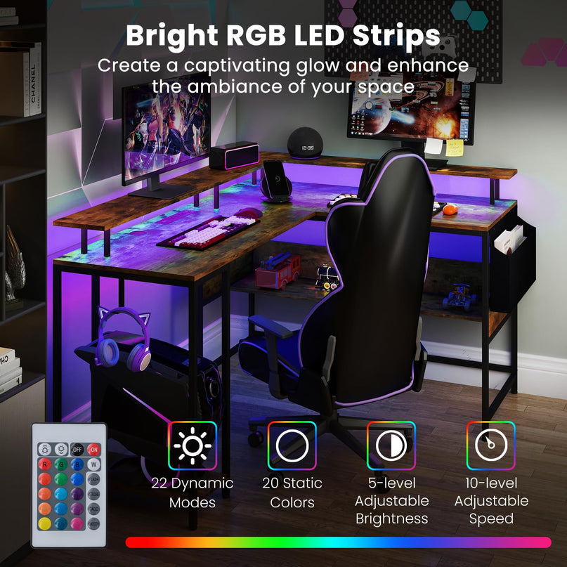 Giantex L Shaped Desk with LED Light & Power Outlets Ergonomic Home Office Desk