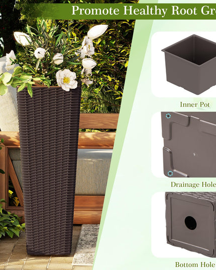 Giantex Rattan Tall Planter Set of 2 Outdoor Large Tapered Planters with Removable Inner Trays