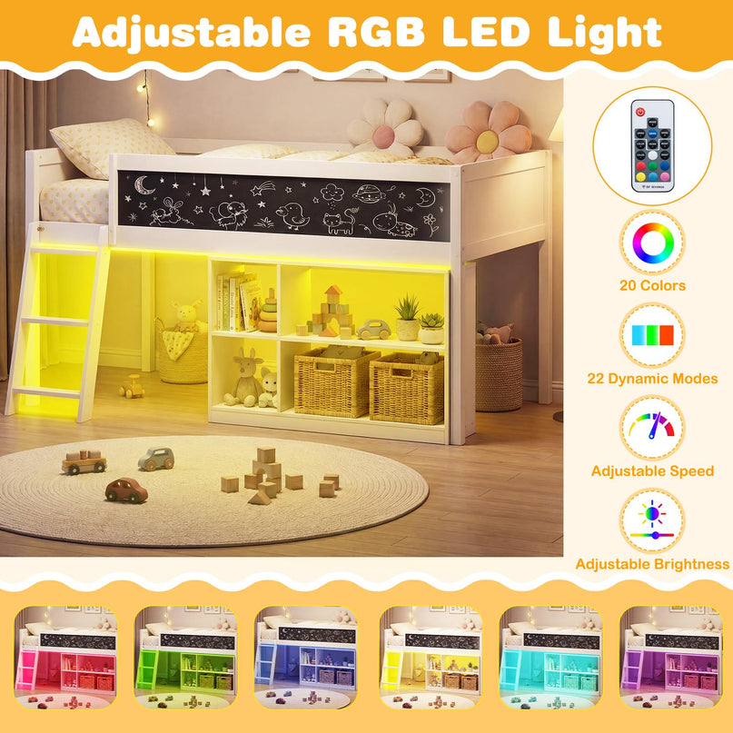 Lit mezzanine bas Giantex pour lit jumeau avec lumières LED, bibliothèque amovible et espace de rangement sous le lit