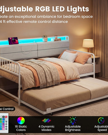 Giantex Daybed with Trundle Twin Bed Frame with LED Lights