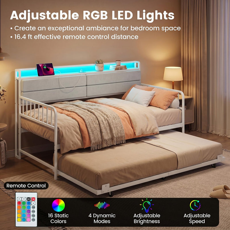 Giantex Daybed with Trundle Twin Bed Frame with LED Lights