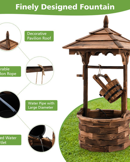 Giantex Rustic Wishing Well Fountain, Outdoor Wooden Water Fountain with Electric Pump