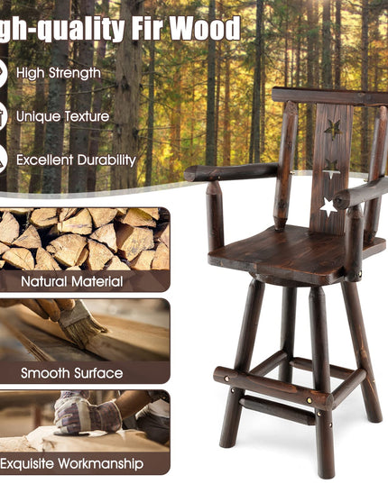 Brown Bar Stool, 29’’ Solid Fir Wood Bar Chair with Footrest, Decorative Star Backrest, Wide Armrest, Rustic Kitchen Stool