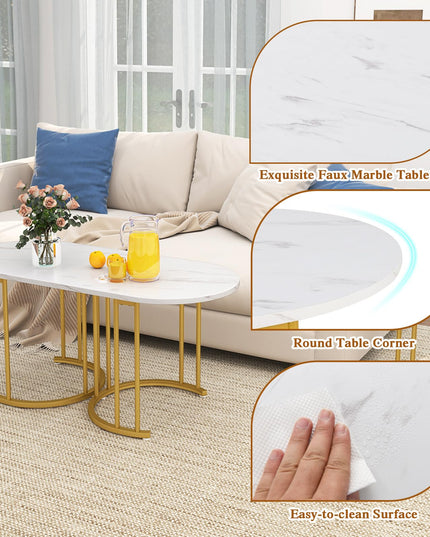 Lot de 3 tables basses gigognes Giantex, tables d'appoint empilables avec plateau en faux marbre et cadre en métal doré