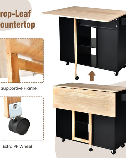 Giantex Kitchen Island Cart Drop-Leaf Countertop, Rubber Wood Breakfast Dining Table w/Large Drawer