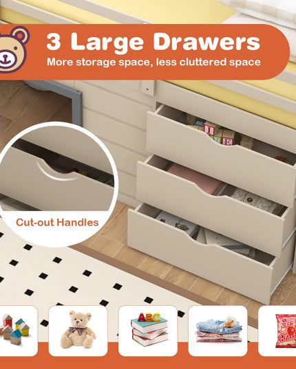 Giantex Twin Low Loft Bed with Slide, Solid Wood Twin Loft Bed with Ladder