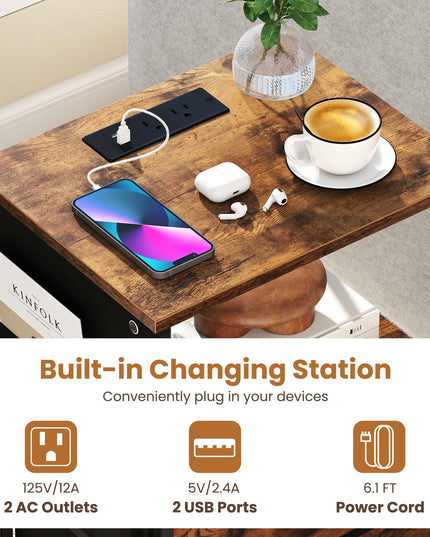 Table de chevet Giantex avec station de recharge | Table d'appoint de canapé à LED avec 2 tiroirs en tissu pliable
