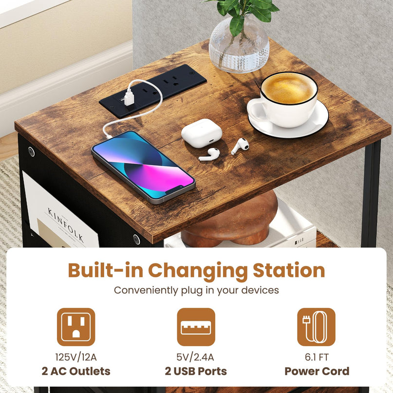 Table de chevet Giantex avec station de recharge | Table d'appoint de canapé à LED avec 2 tiroirs en tissu pliable