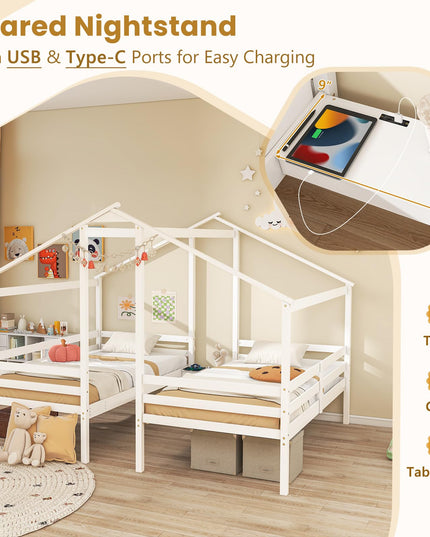 Giantex Double Twin Bed Frames for Kids, Wood House Shaped Platform with Built-in Nightstand & USB Port
