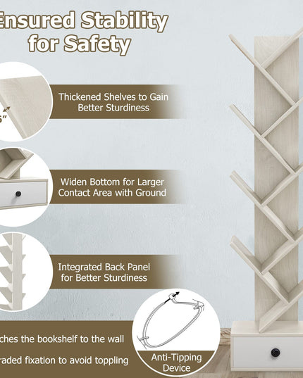 10-Tier Tree Bookshelf with Drawer, Beige - Giantex