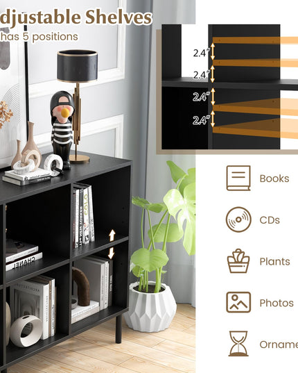 Giantex 6 Cube Bookcase, 3-Tier 47" Long Wood Bookshelf w/ 5 Metal Legs, Adjustable Shelf, Anti-toppling Device