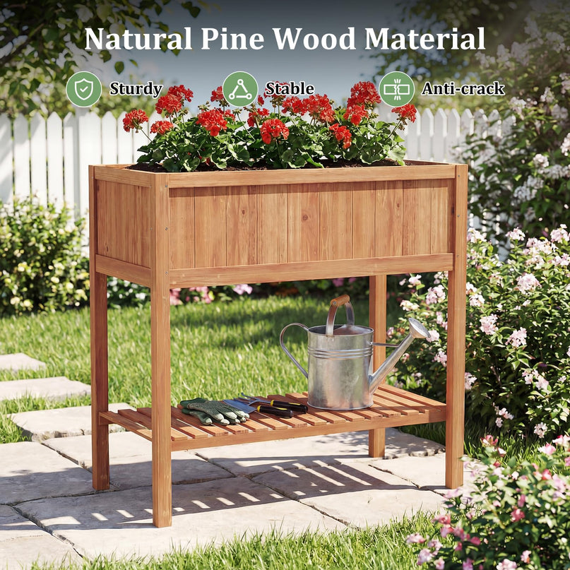 Giantex Raised Garden Bed Wood Planter Box with Plant Stand & Black Liner（40"x20"x39"）