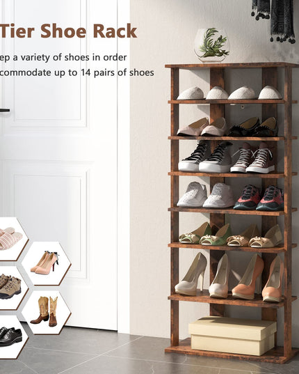 Giantex 7-Tier Wooden Shoe Rack, Double Row Shoe Organizer for 14 Pairs, Customizable Height