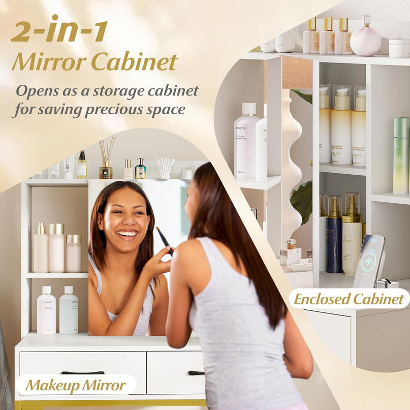 Vanity Desk with Charging Station for Bedroom