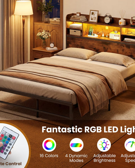 Giantex Full Size Industrial Metal Bed Frame with LED Lights & Charging Station