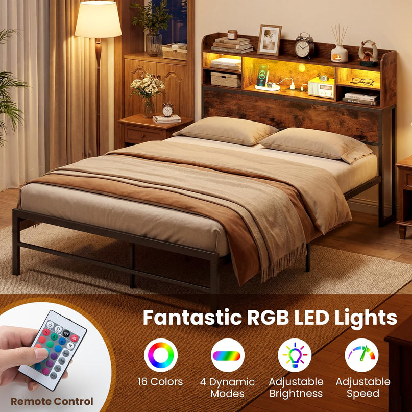 Giantex Full Size Industrial Metal Bed Frame with LED Lights & Charging Station