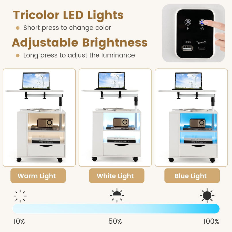 Nightstand with Charging Station and LED Lights - Giantex