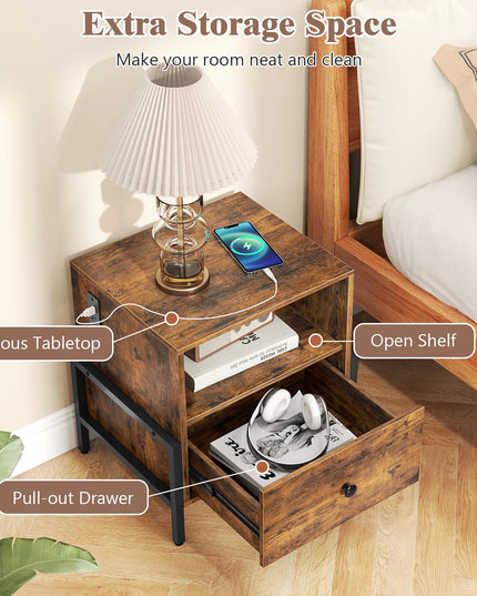 Giantex Industrial End Table with Charging Station & Storage Drawer