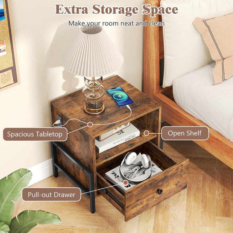 Giantex Industrial End Table with Charging Station & Storage Drawer
