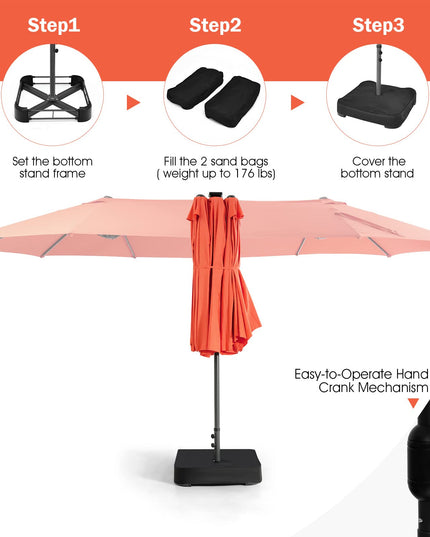 15ft Large Outdoor Umbrella Double-Sided, 48 Solar Lights, Auto-Charging Solar Panel