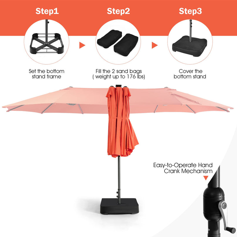 15ft Large Outdoor Umbrella Double-Sided, 48 Solar Lights, Auto-Charging Solar Panel
