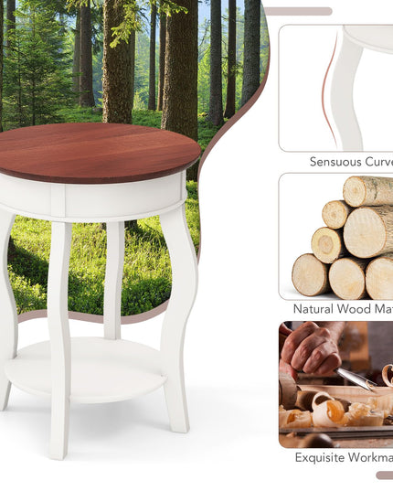 Giantex Farmhouse Round End Table, 2-Tier Sofa Side Table with Storage Shelf, Small Wooden Tea Table with Solid Rubber Wood Legs