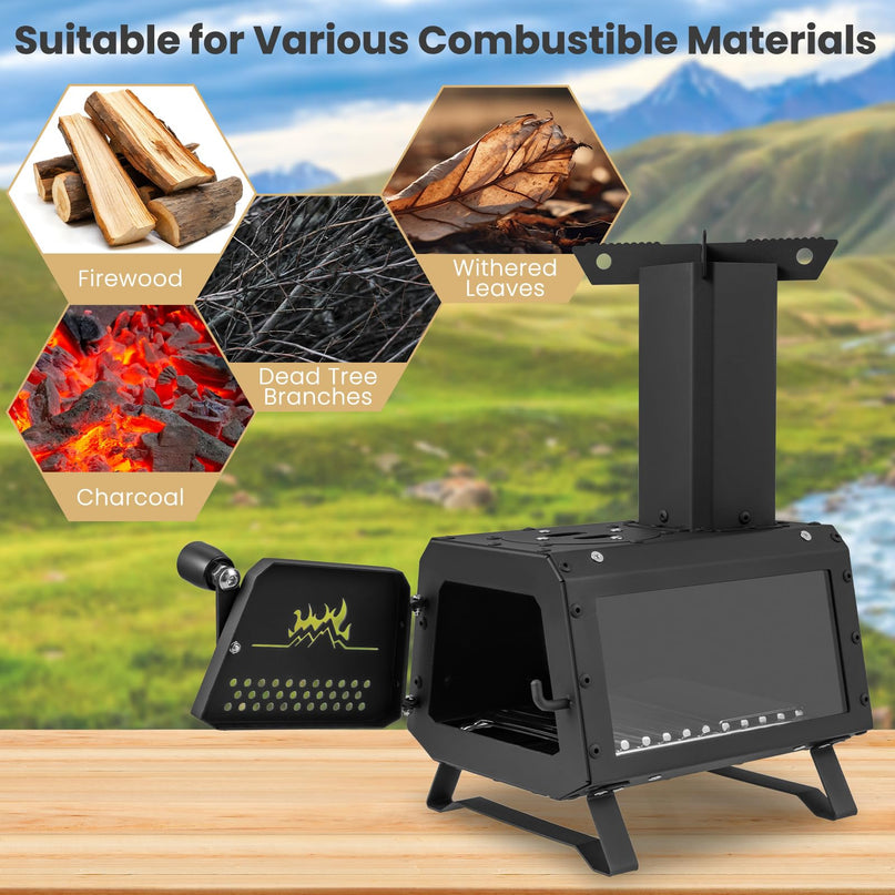 Giantex Portable Camping Wood Stove - Mini Wood Burning Stove w/ 2 Cooking Positions