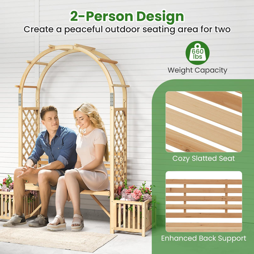 Giantex Outdoor Bench with Garden Arch & Planters for Backyard Lawn