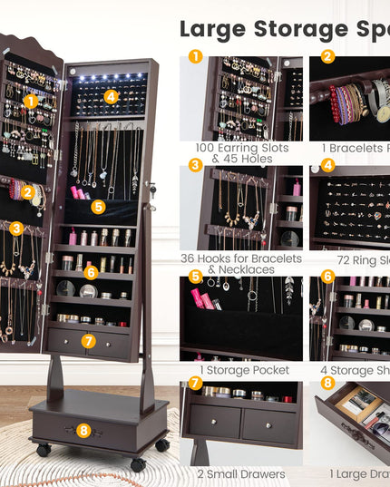 CHARMAID 6 LEDs Rolling Jewelry Cabinet with High Full Length Mirror, Lockable Standing Jewelry Armoire with Wheels