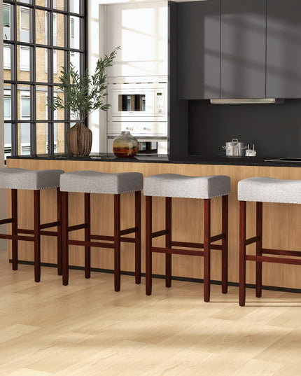 Giantex 29.5" Bar Height Bar Stools Set of 4 - Backless Saddle Barstools with Nailhead Linen Foam Seat