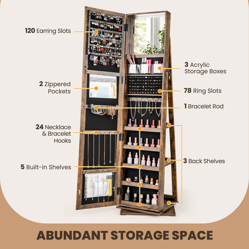 CHARMAID 360° Swivel Jewelry Armoire with Full Length Mirror
