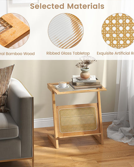 Giantex Rattan Side Table, Boho End Table with Glass Top & Magazine Rack, Z-Shaped Nightstand with Storage
