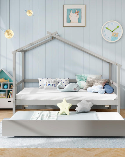 Giantex Wood House Bed for Kids, Twin Bed Frame with Trundle Bed Twin