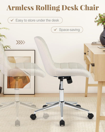 Giantex Armless Office Chair, Modern Faux Fur White Vanity Chair with Wheels & Adjustable Height