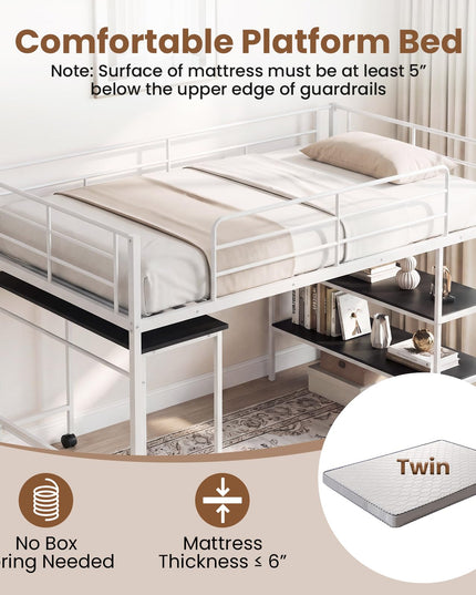 Giantex Low Loft Bed with Desk & Bookshelf Twin Size Platform Bedframe