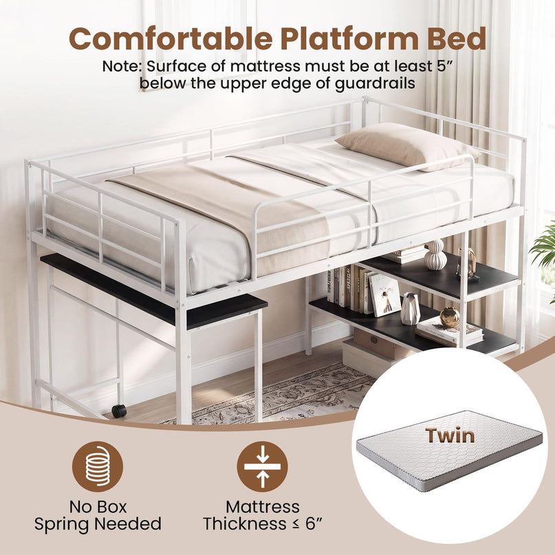 Giantex Low Loft Bed with Desk & Bookshelf Twin Size Platform Bedframe