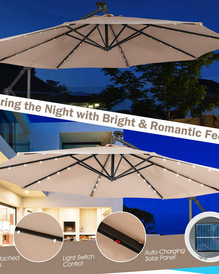 10 ft Pool Umbrellas with 32 LED Lights Solar Powered Offset Umbrella