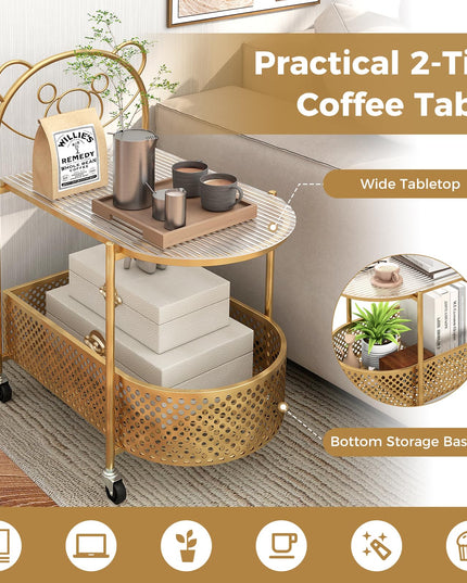Giantex Mobile Glass Coffee Table, 2-Tier Modern Cocktail Table with Bear Pattern, Storage Basket & Metal Frame