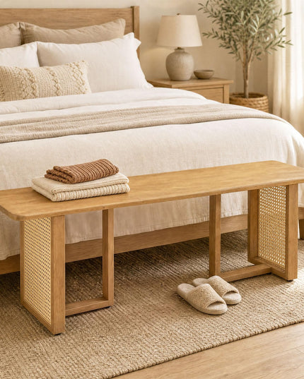 GIANTEX 55" Boho Rattan Dining Bench with Rubber Wood Frame (1/2)