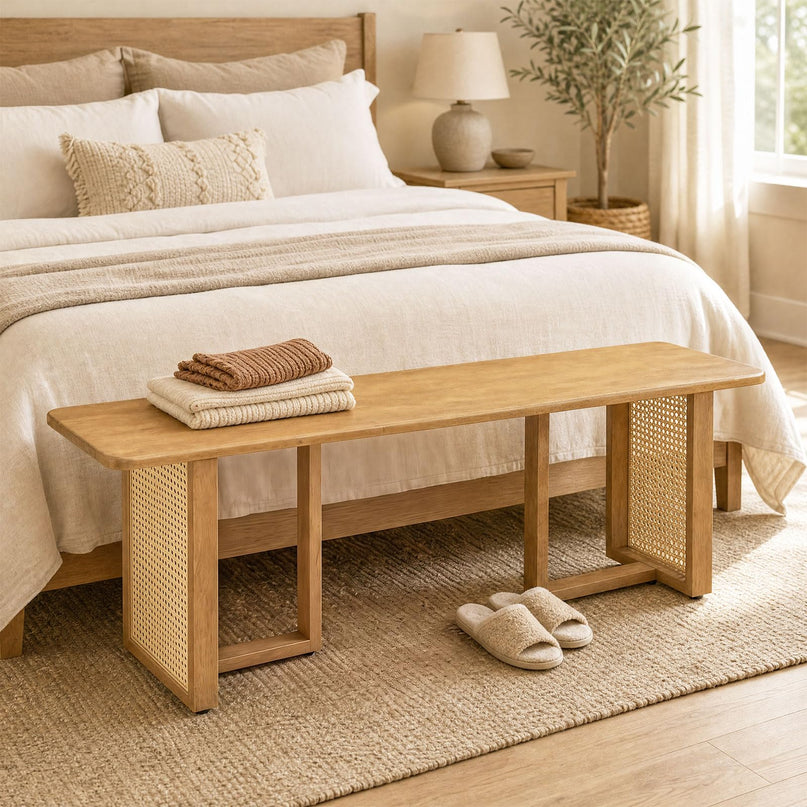 GIANTEX 55" Boho Rattan Dining Bench with Rubber Wood Frame (1/2)